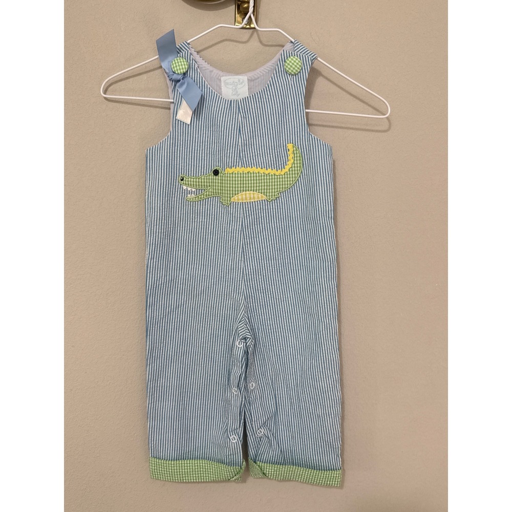 Mud Pie Alligator Seersucker Jon Jon Baby 12-18M Blue Gingham Applique Romper